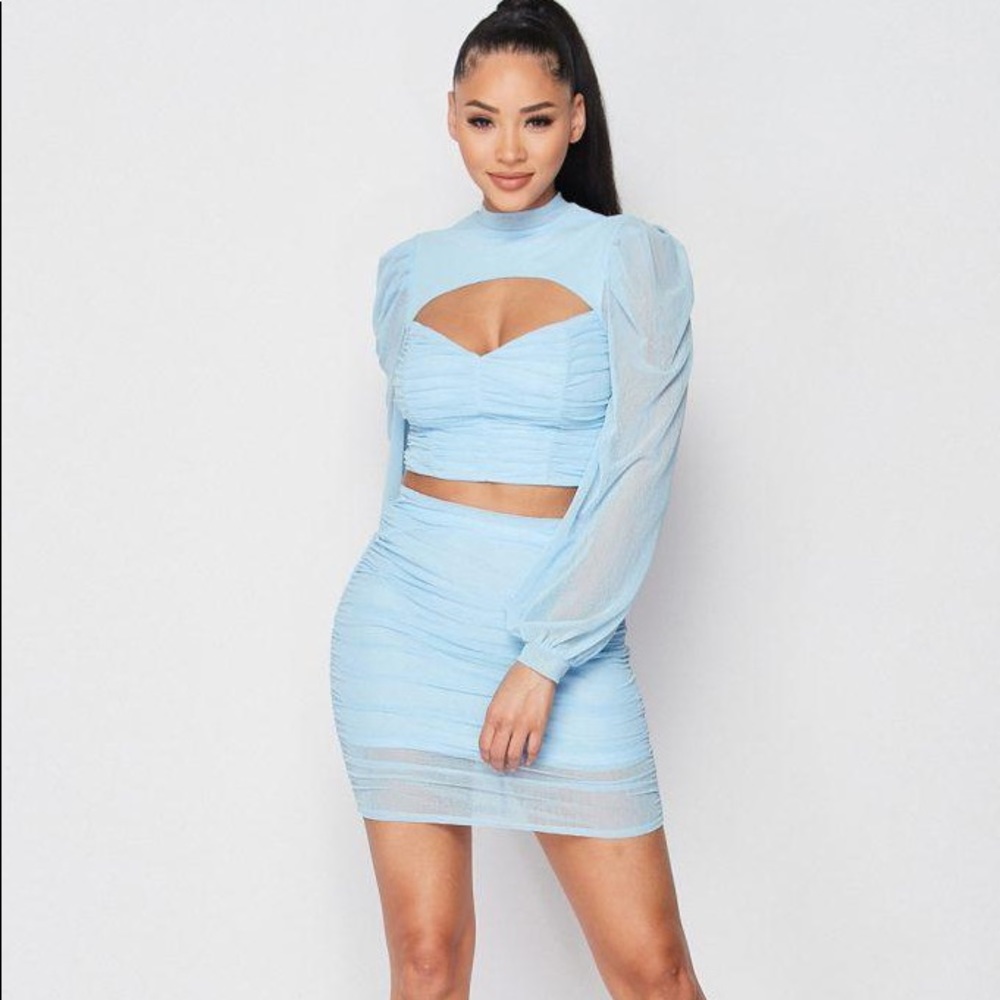 Sexy Sheer Cutout Puff Sleeved Top And Skirt Set